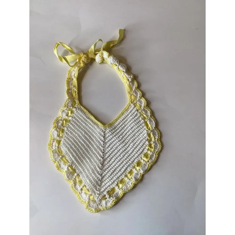Handmade Vintage Crochet Baby Bib Yellow Ribbon Trim Infant Size Diamond Shape